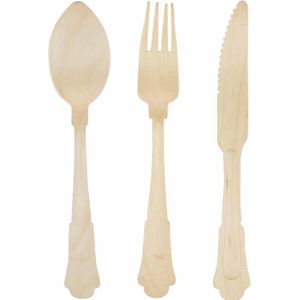 Houten bestek set in klassieke stijl 72x stuks- 24x setjes - Handig voor verjaardag of BBQ - Wegwerp bestek