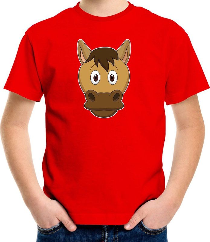Cartoon paard t-shirt rood voor jongens en meisjes - Kinderkleding dieren t-shirts kinderen 134 140