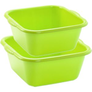 Voordeelset multifunctionele kunststof teiltjes groen in 2x formaten - 10 en 15 liter inhoud afwasbakjes