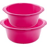 Voordeelset multifunctionele kunststof ronde teiltjes roze in 2-formaten - 10 en 15 liter inhoud