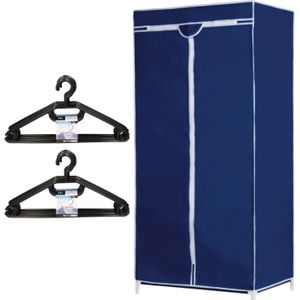 Set van mobiele opvouwbare kledingkast met blauwe hoes 160 cm en 20x plastic kledinghangers zwart
