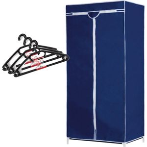 Set van mobiele opvouwbare kledingkast met blauwe hoes 160 cm en 15x plastic kledinghangers zwart