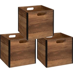 Set van 3x stuks opbergmand/kastmand 29 liter donker bruin van hout 31 x Opbergboxen Vakkenkast manden