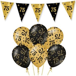 Leeftijd Verjaardag Feestartikelen Pakket Vlaggetjes/Ballonnen 75 Jaar Zwart/Goud