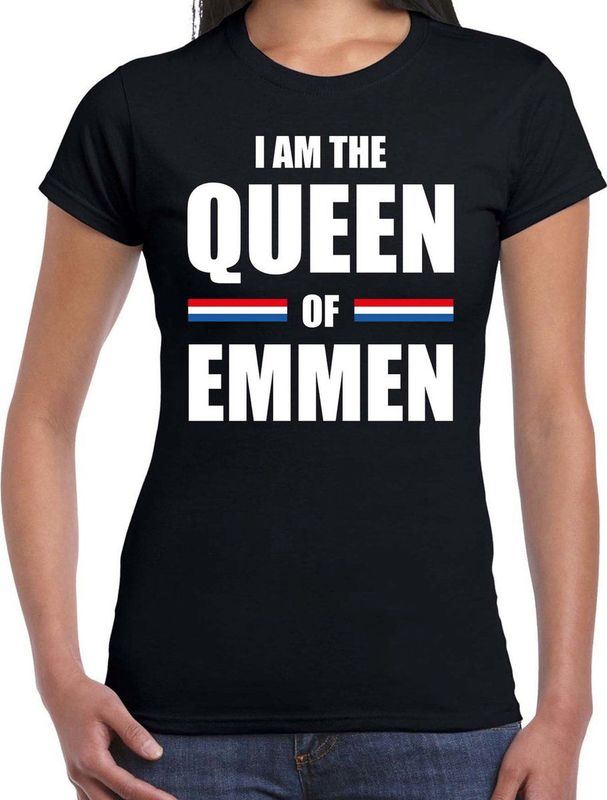 Koningsdag t-shirt I am the Queen of Emmen - zwart - dames - Kingsday Emmen outfit kleding shirt