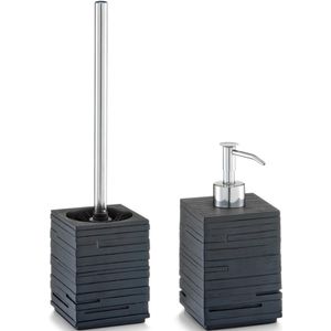Luxe WC/Toilet spullen set Toiletborstel met zeeppompje van polystone - zwart leisteen-look