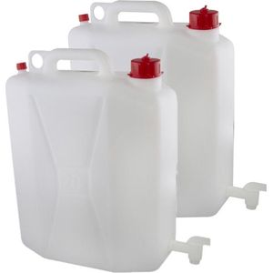 2x stuks voedselgeschikte jerrycan/watertank met tap 20 liter - Survival en outdoor artikelen - Kampeerartikelen
