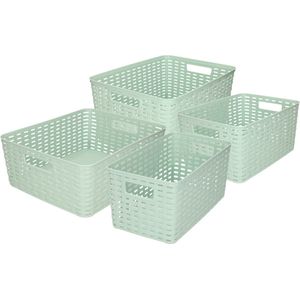 Set van 4x stuks opbergboxen/opbergmandjes rotan mintgroen kunststof - Opbergbox