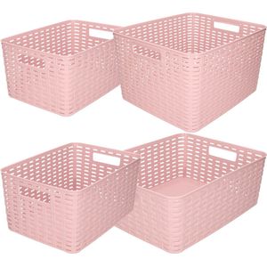 Set van 4x stuks opbergboxen/opbergmandjes rotan oud roze kunststof met inhoud 10 / 12 / 18 / 28 liter