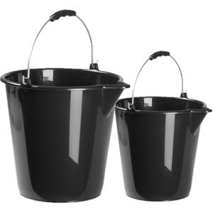 Kunststof emmers set van 9 en 12 liter inhoud met schenktuit zwart - Huishoud/schoonmaak