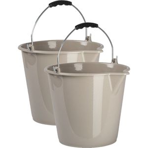 2x stuks huishoud schoonmaak emmers kunststof taupe 9 liter inhoud 30 x 26 cm - Met metalen hengsel en schenktuit