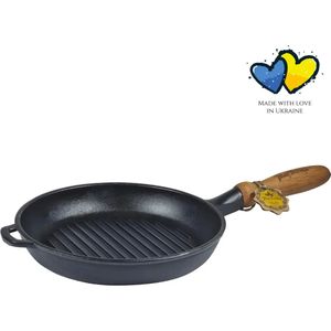 Maysternya Gietijzeren grillpan met houten handvat, diameter 24 x 4 cm, geschikt voor inductie, universele kookpan, koken op open vuur, gietijzer, keukengeschenk, PFAS-vrij, zwart