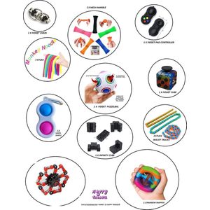 Happy Trendz® Super Fidget Pakket - Inclusief Mochies Squishy, Snapper, Hamburger Squishy, Whacky Track Spinner, Dumpling Squishy, Whack-a-Mole Hamster Spel, Spinner Ster Pop It, Infinity Cube, Fidget Bean Boon Popper, & meer