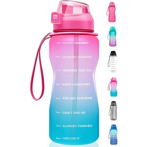 FLOOQ - Waterfles - Bidon - Sportdrankfles - Grote waterfles - Rietje - 2 Liter - Lekvrij - Tijdsmarkering - Motivatie Waterfles - Blauw/Roze