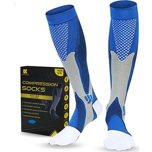 KANGKA Compressiekousen met 20-30 mmHg - Blauwe Compressie sokken Maat 41 tot 44 (L/XL) - Sportsokken - Hardloopsokken - Wandelsokken - Unisex