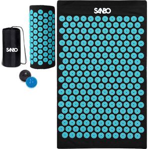 Sanbo Acupressuur Mat met Kussen - Spijkermat - Shakti Mat - Zwart / Blauw - 68x42x2cm - Incl. 2x Triggerpoint Bal & Draagtas