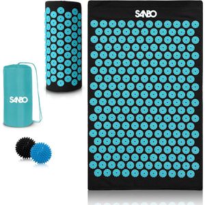 Sanbo Acupressuur Mat met Kussen - Zwart / Blauw - 82x42x2cm - Spijkermat - Incl. App & 2x Triggerpoint Bal & Draagtas - Shakti mat - Moederdag Cadeautje