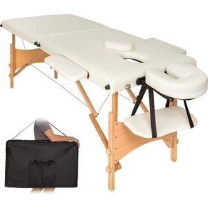 Dreamble® | Massagetafel | Beige/Creme | Hout | Extra dikke bekleding 6 cm | Extra stevig | Inklapbaar | Mobiel | 2 zones | In hoogte verstelbaar | Gezichtsuitsparing | Armsteunen in breedte instelbaar | Afwasbaar | Belastbaar tot 250 kg | Draagtas