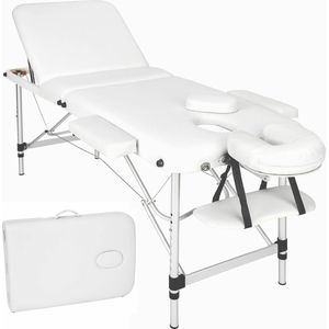 Dreamble® | Massagetafel | Wit | Aluminium frame | Draagbaar | 3 Zones | Lichtgewicht | Dikke bekleding | Verstelbaar in hoogte/benen/nek/armen | Olie/waterbestendig | Gezichtsuitsparing | Hoofdsteun met rits | 2 Armsteunen | Armleuning | Antislip