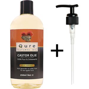 Castor Olie 250ml + Pompje | Biologisch | 100% Puur & Onbewerkt | Wonderolie | Castorolie, Ricinusolie | Food-Grade Kwaliteit | Koudgeperste Castor Oil voor Haar, Huid, Wenkbrauw en Wimpers | Huidolie | Haarolie