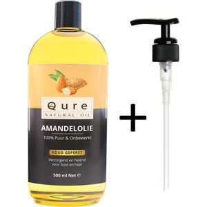 Amandelolie 500ml + Pompje | 100% Puur & Onbewerkt | Food Grade Koudgeperste Zoete Amandel Olie voor Haar, Huid en Lichaam