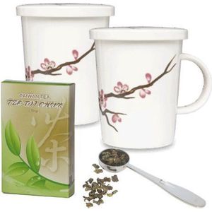 luxe geschenken set bestaande uit twee theebekers Sakura 300 ml met filter en deksel 50 gram losse groene thee plus stalen maatlepel.