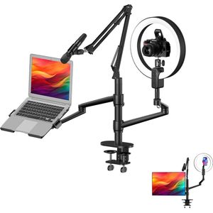 LEVANTU Monitor Arm - Selfie Desktop Live Stand with LED-Ringlamp - 5 in 1 Monitorbeugel, Laptop arm, Telefoon/camera houder- Microfoon standaard - Live Streaming Gaming