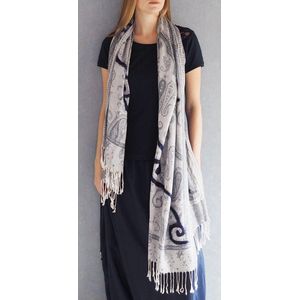 YELIZ YAKAR - Luxe dames Paisley Pashmina sjaal ""Ladakh V""- handgemaakte wol punched -blauwe en grijze kleur tinten met donkerblauwe wolpunch detail - handmade - designer kleding - trendy shawl -kerst sjaal- luxecadeau - kerstcadeau voor vrouwen