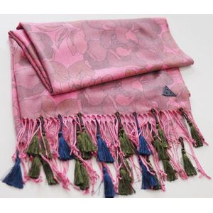 YELIZ YAKAR - Luxe dames Pashmina sjaal roze "" Anthea II""- met bloemenprint en extra franjes -roze bedrukt met pastel tinten - handmade - designer kleding- trendy sjaal -kerst sjaal- luxecadeau - kerstcadeau voor vrouwen