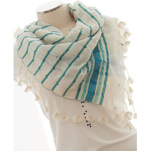 YELIZ YAKAR - Luxe zomersjaal - dames katoen / linnen sjaal ""Linum II"" - creme en turquoise blauw kleur - designer kleding