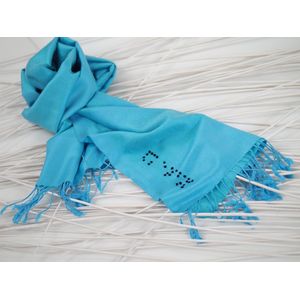 YELIZ YAKAR - Luxe unisex Paisley Pashmina sjaal “Braille V” met hand geborduurde onzichtbare woorden in braille-alfabet - blauw - mode - trendy-dames en heren shawl - designer kleding - kerst sjaal- luxecadeau - kerstcadeau