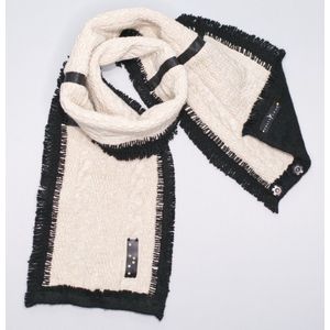YELIZ YAKAR - Handmade - Luxe dubbelzijdig dames sjaal van wol en katoen met leer details “Abelard”- zwart en beige kleur -designer kleding - kerst sjaal- luxecadeau - kerstcadeau voor vrouwen