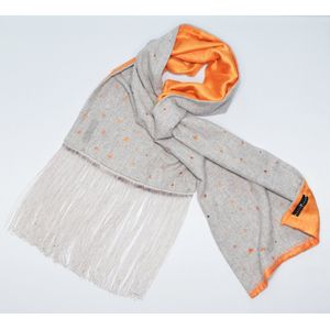 YELIZ YAKAR - Handmade - Luxe dubbelzijdig dames pashmina / wol sjaal met extra lang franjes “Daifilo��”- grijs en oranje kleuren-designer kleding - kerst sjaal- luxecadeau - kerstcadeau voor vrouwen
