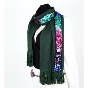 YELIZ YAKAR - Handmade - Luxe dubbelzijdig dames wol / katoen sjaal met pailletten “Baham”- groen en zwart kleuren - designer kleding - kerst sjaal- luxecadeau - kerstcadeau voor vrouwen
