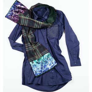 YELIZ YAKAR - Handmade - Luxe dubbelzijdig dames wol / katoen ruiten tartan sjaal met pailletten “Mirach”- groen en blauw kleuren - feestelijke sjaal - designer kleding - kerst sjaal- luxecadeau - kerstcadeau voor vrouwen