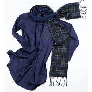 YELIZ YAKAR - Handmade - Luxe dubbelzijdig unisex pashmina / katoen interlock sjaal “Rigel”- ruiten tartan in blauw kleuren - feestelijke sjaal - designer kleding- kerst sjaal- luxecadeau - kerstcadeau