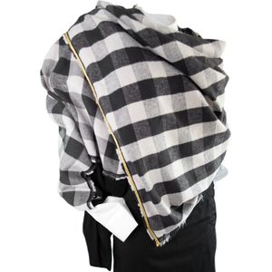 YELIZ YAKAR - Handmade - Luxe dubbelzijdig feestelijke dames katoen flanel sjaal / omslagdoek “Nashira”- zwart en ecru kleuren - designer kleding- kerst sjaal- luxecadeau - kerstcadeau voor vrouwen
