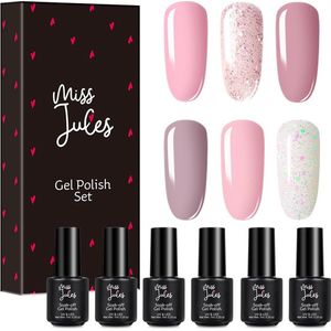 Miss Jules - 6-Delige Gellak Starterspakket - Nagellak - Kleur Roze & Glitter - HEMA & TPO Free - Glanzend & Dekkend resultaat