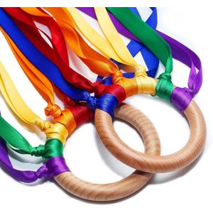 WoodyDoody Regenboog Ring 1 stuk Buitenspeelgoed Rammelaar Bijtspeelgoed Strandspeelgoed van Hout Speelgoed Ringen met Regenboog Lintjes Speelgoed Kinderen - Houten Speelgoed Baby Peuter Speelgoed