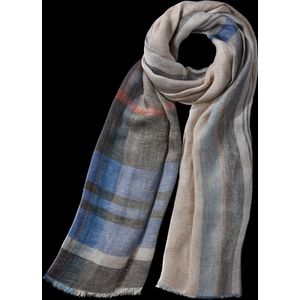 Zachte, linnen sjaal met ruitpatroon in beige en blauwe tinten