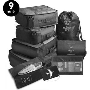 MM Brands Packing Cubes Set 9-delig - Koffer Organizer Set - Compression Cube - Kleding organizer voor koffers - Zwart