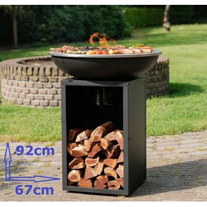 RJRoyal Living Plancha grill BBQ Amigo grillring met hoes en houtopslag vuurschaal rvs buitenkeuken grillring voor buiten 67x67x92cm