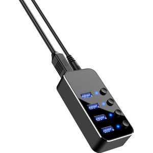 POWERR - USB Hub 3.0 - USB Splitter 4 Poorten - Voeding – 5 GBPs – Led Indicatie – Zwart