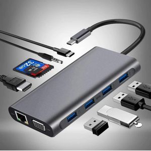 USB C Hub 11 Poorten – USB-c Kabel Adapter Laptop 2.0 - Splitter 4 Poorts Verloop Naar HDMI VGA Adapter Mini Displayport 4k Converter Voor Samsung Apple MacBook Pro Multi Splitters Thunderbolt SD Kaart Lezer Met Voeding - Geheugenkaartlezer - usb hub