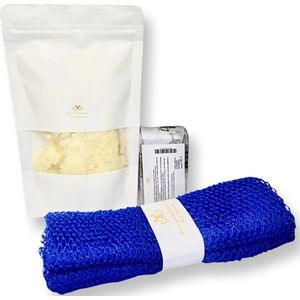 Biologische sheaboter 100 g, biologische African black soap 100 g en 1 blauwe Afrikaanse netspons bundle - organic shea butter - Afrikaanse zwarte zeep - Ghanese net sponge