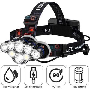 Hoofdlamp - Hoofdlamp LED oplaadbaar - Hoofdlampje - 8 LED-koplampen - 13000 lumen - 500 meter bereik - Verstelbaar