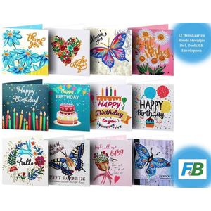 F4B 12-Delig Wenskaarten (1) Diamond Painting 15x15cm - Ronde Steentjes - Met Enveloppen - Verjaardagskaarten - Kaartenset - Cards - Happy Birthday - Kinderen - Pakket Volwassenen en Kinderen