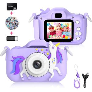 Ilona® Digitale Kindercamera HD 1080p inclusief Frozen stickervel - Speelgoedcamera - 32GB micro sd kaart - Fototoestel Voor Kinderen - Unicorn Paars