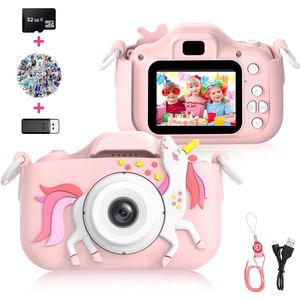 Ilona® Digitale Kindercamera HD 1080p inclusief Frozen stickervel - Speelgoedcamera - 32GB micro sd kaart - Fototoestel Voor Kinderen - Unicorn Roze