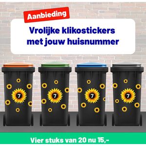 Containerstickers ZONNEBLOEMEN huisnummer | Kliko sticker voordeelset | Cijfer stickers weerbestendige 1234567890 | Containerstickers zonnebloemen SET 4 stuks met 28 zonnebloemen